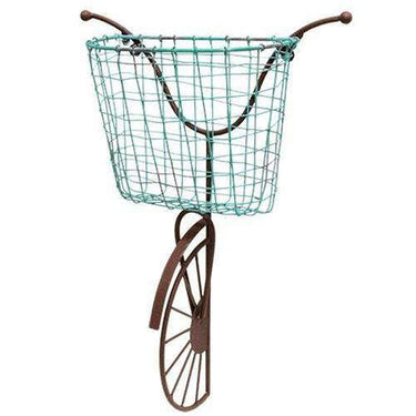 Rusty Wall Bike with Blue Wire Basket - The Fox Decor